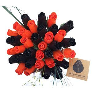 3 Dozen Halloween Black and Orange The Original Wooden Rose Flower Bouquet